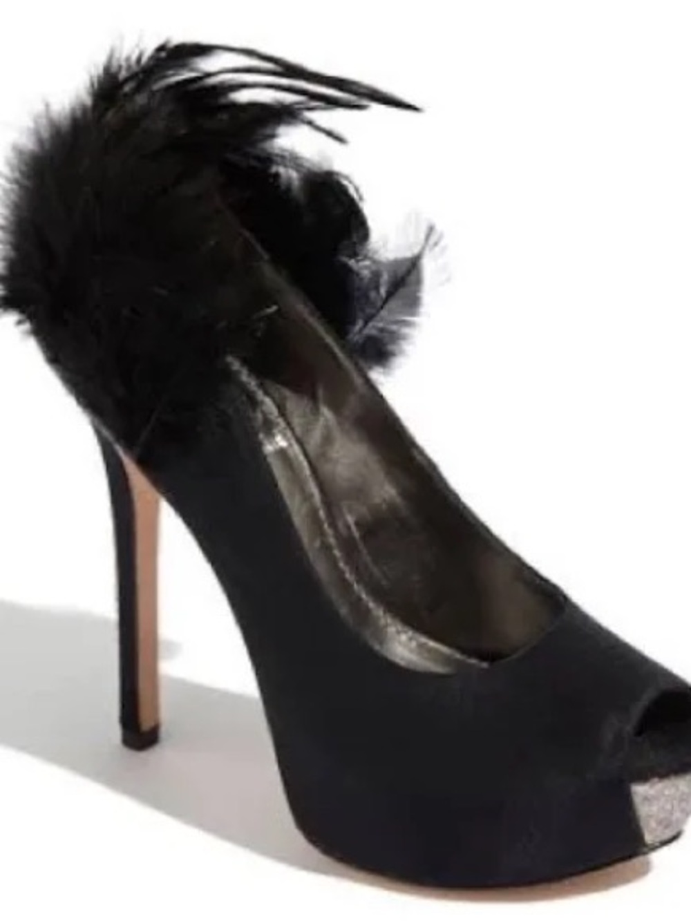 Enzo Angiolini Black Feather Trim Peep Toe Stilettos